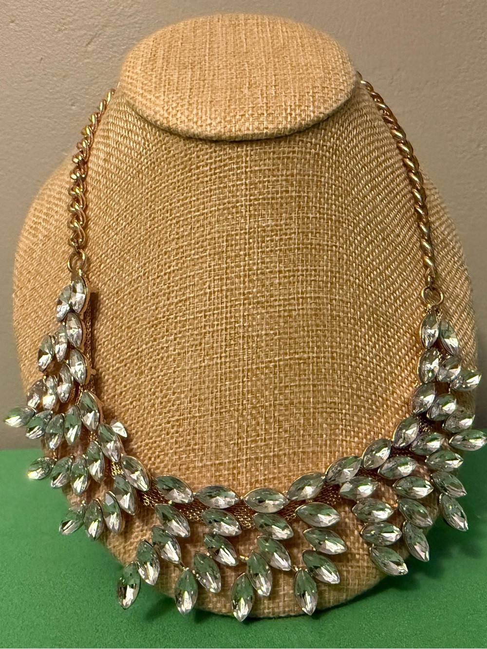 Too it Off Gold-Tone Crystal Bib Necklace in Clear/White Rhinestone
